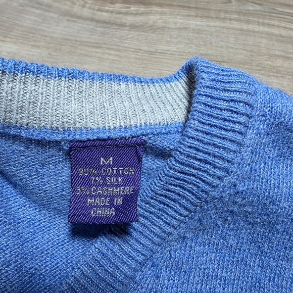 Alan Flusser Sweater Mens Medium Blue Cotton Silk Cashmere V-Neck Pullover Knit - Picture 5 of 10